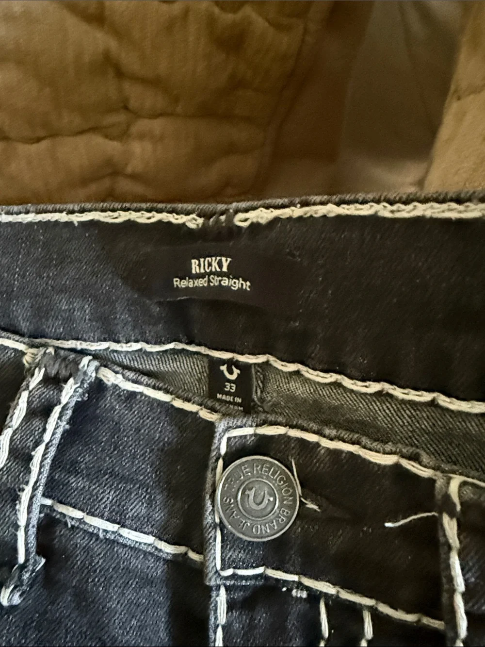 True Religion men’s  Charcoal  Jeans with White Contrast Stitching